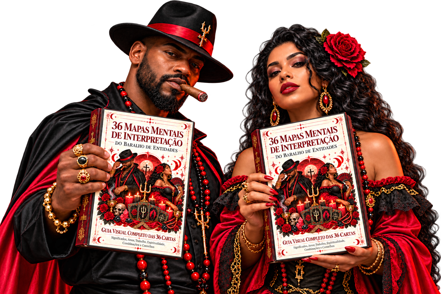 Casal com o guia visual do Baralho de Entidades